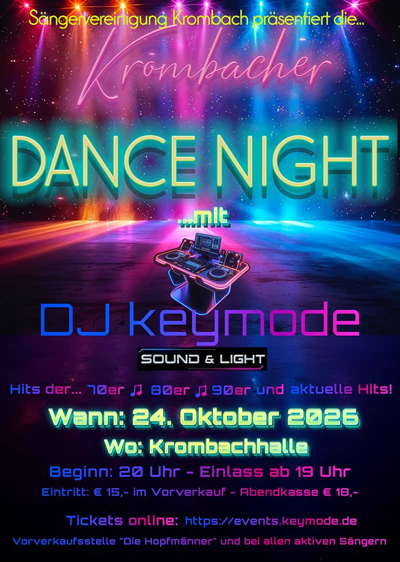 1. Krombacher Dance Night am 24.10.26 in der Krombachhalle.